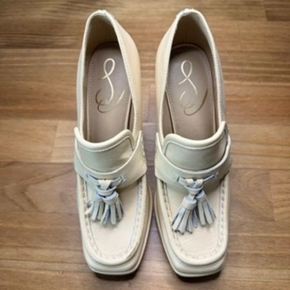 Sam Edelman Ivory Leather Platform Tassel Loafer Heels Size 6.5 - Picture 13 of 14